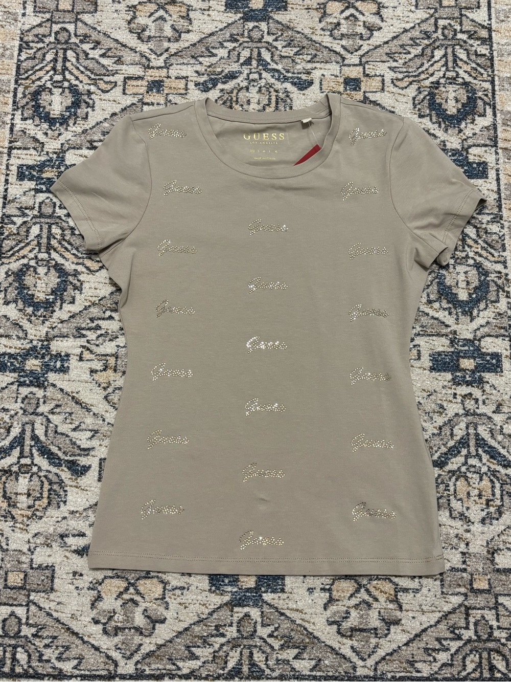 Guess Short Sleeve Tee in Tan with Gold Logo And Rhinestone Letters Size XS